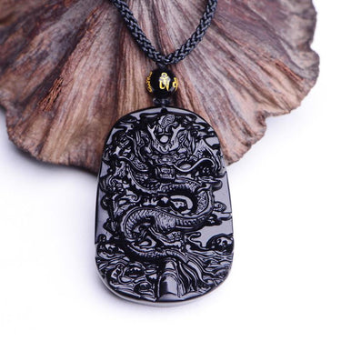 Natural Black Obsidian Dragon Amulet Pendant Necklace